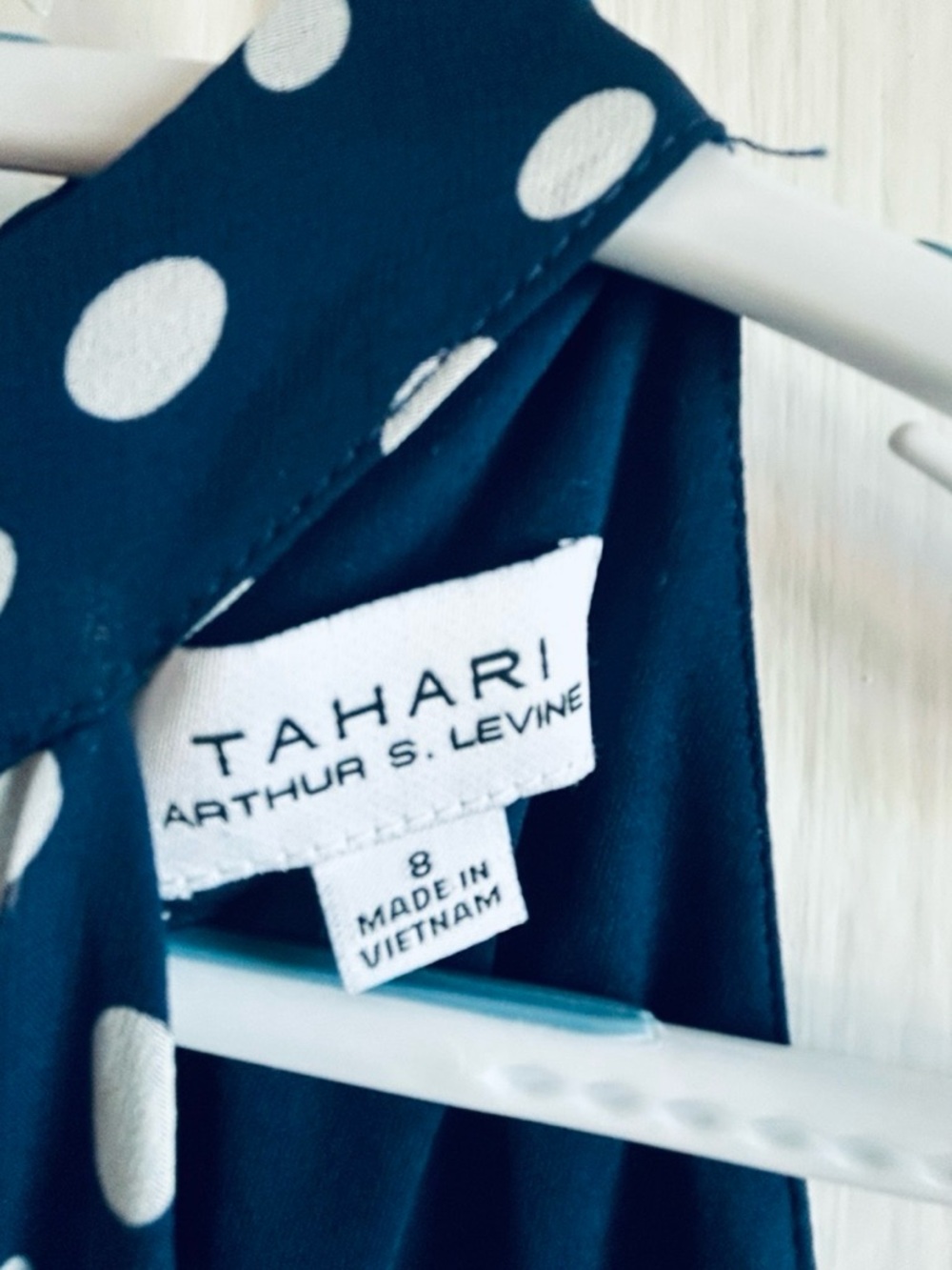 Tahari Navy Blue and White Polka Dot Sleeveless Halter Maxi Dress, High-Low, 8 - Picture 3 of 12